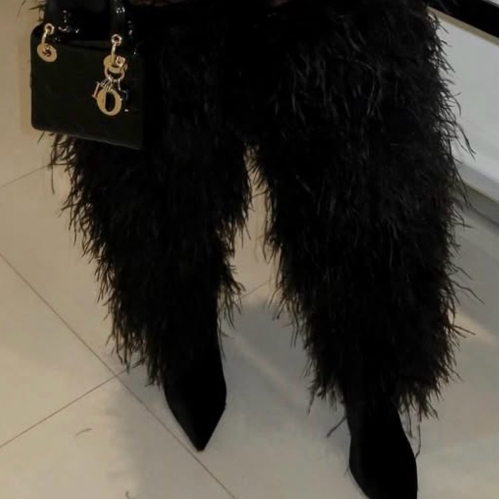 Frankie B. Black Feathered Heeled Boots